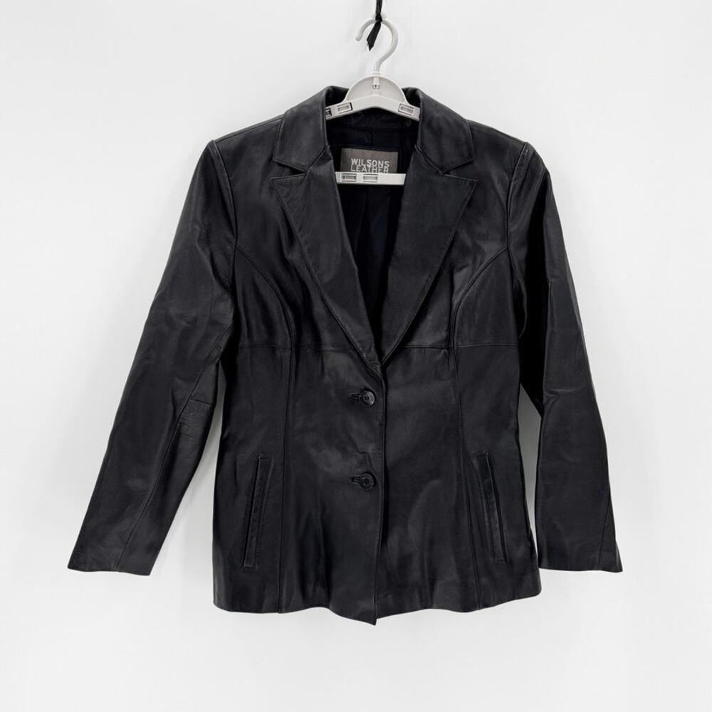 Wilson black leather double breasted jacket size L minimalist neutral timeless